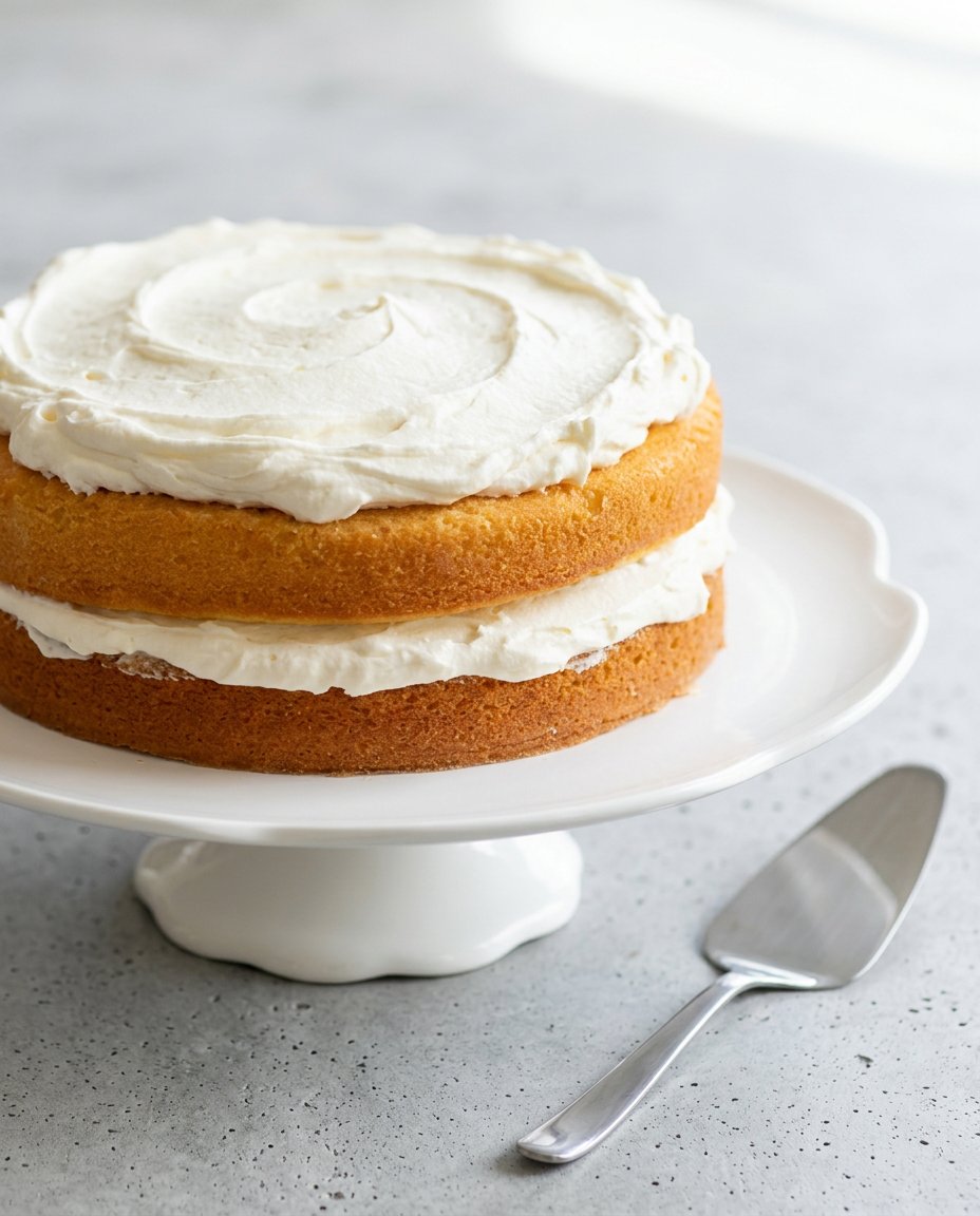 Smoothing the cream cheese frosting on a Three-Layer Coconut Cream Cake with a metal spatula.