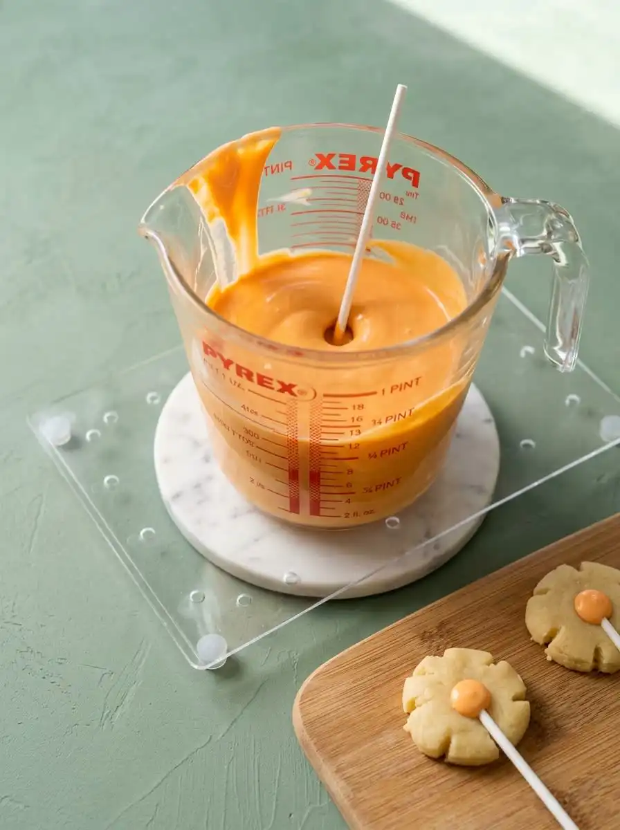 A close-up of a hand dipping one of the Classic Pumpkin Cake Pops into a bowl of orange glaze.