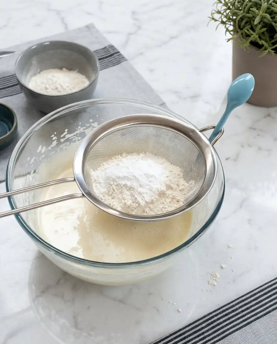 A hand dipping a Classic Vanilla Cake Pop vertically into a deep glass cup filled with melted white candy coating