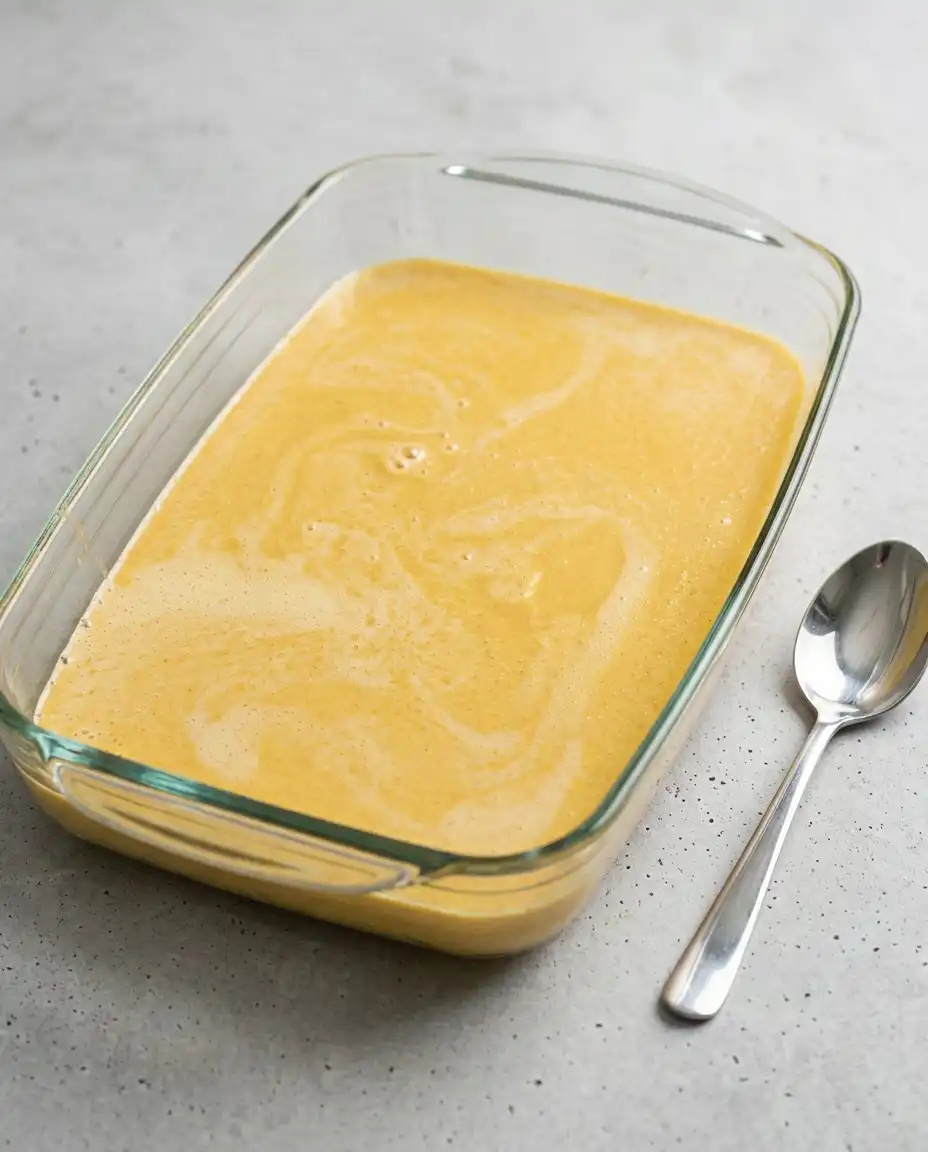 Classic Pumpkin Dump Cake 15 Melted butter being poured over dry spice cake mix for Classic Pumpkin Dump Cake.