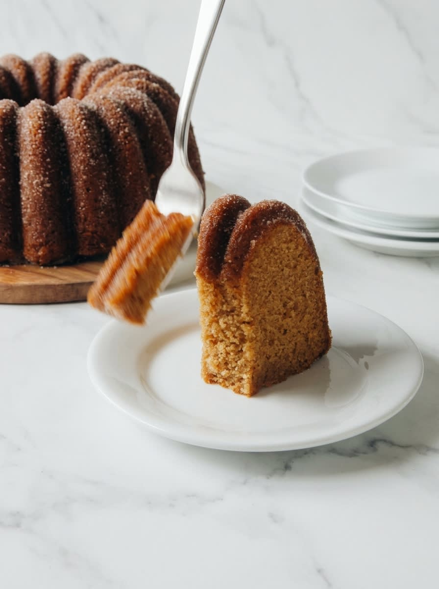 Apple Cider Cake 12 A beautifully baked fluted Apple Cider Cake coated in cinnamon sugar, resting on an elegant white pedestal.