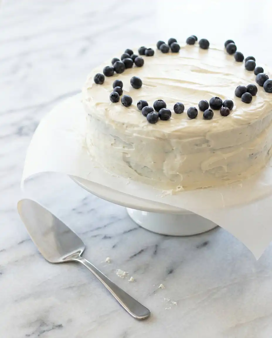 Classic Blueberry Layer Cake 16 The completed Classic Blueberry Layer Cake garnished with fresh blueberries and lemon wheels.