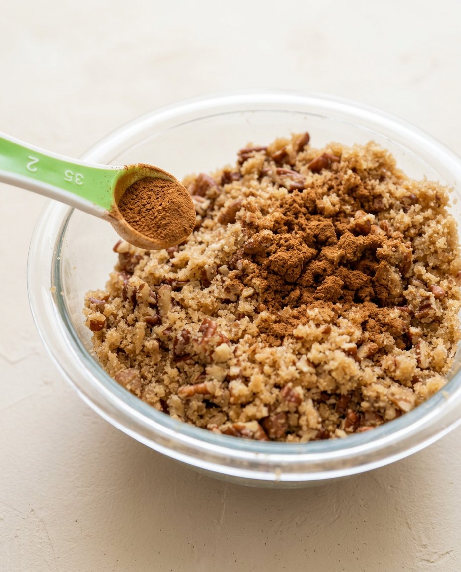 Pecan Streusel Coffee Cake 15 A rubber spatula gently folding sour cream batter to create a Pecan Streusel Coffee Cake.