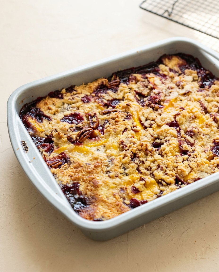 Blackberry Peach Dump Cake 12 Sweetened blackberries and peaches assembled for a classic Blackberry Peach Dump Cake