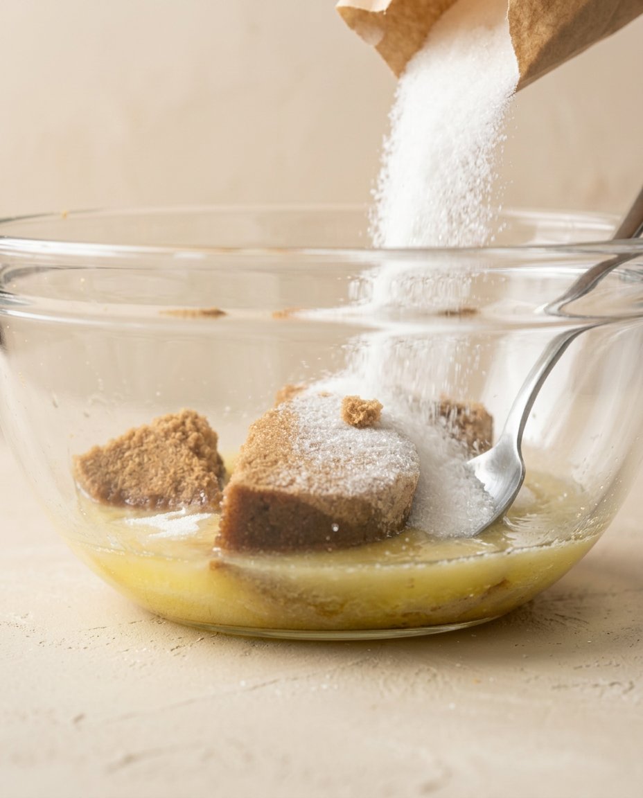 Fresh ingredients for making a Spiced Pear Cake arranged on a marble kitchen counter.