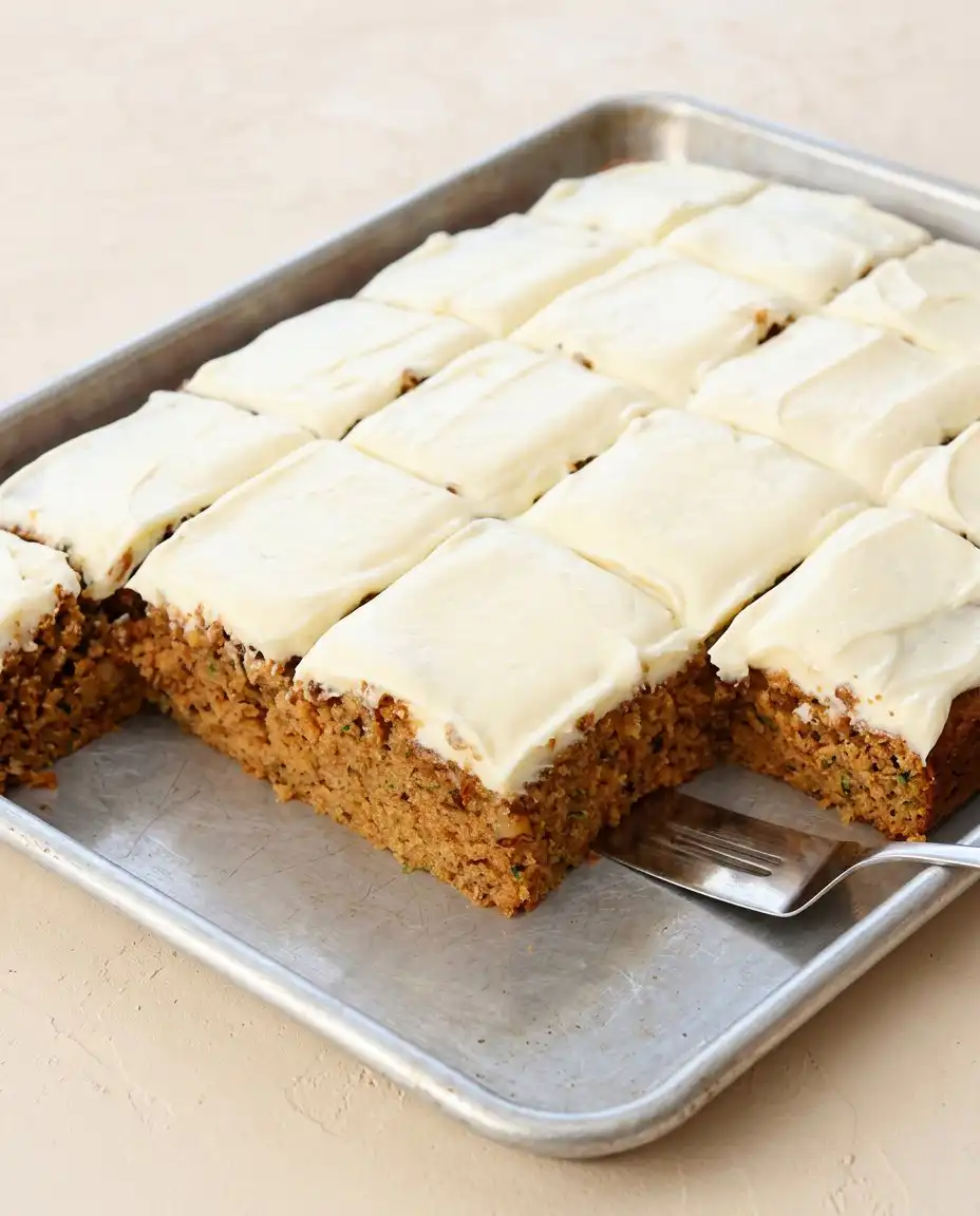 Zucchini Spice Cake 12 An elegant Zucchini Spice Cake topped with decorative swirls of luscious cream cheese frosting on a rustic plate.