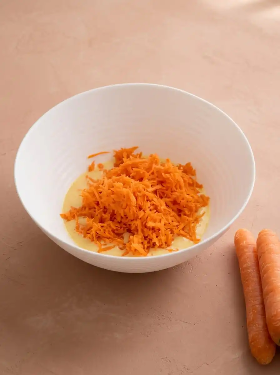 Carrot Cake Muffins with Streusel Topping 15 Bright orange freshly grated carrots on a white cutting board for Carrot Cake Muffins with Streusel Topping.