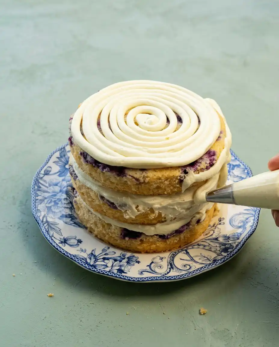 Close-up shot of slicing a Lemon Blueberry Layer Cake with Cream Cheese Frosting showing moist, thick layers.