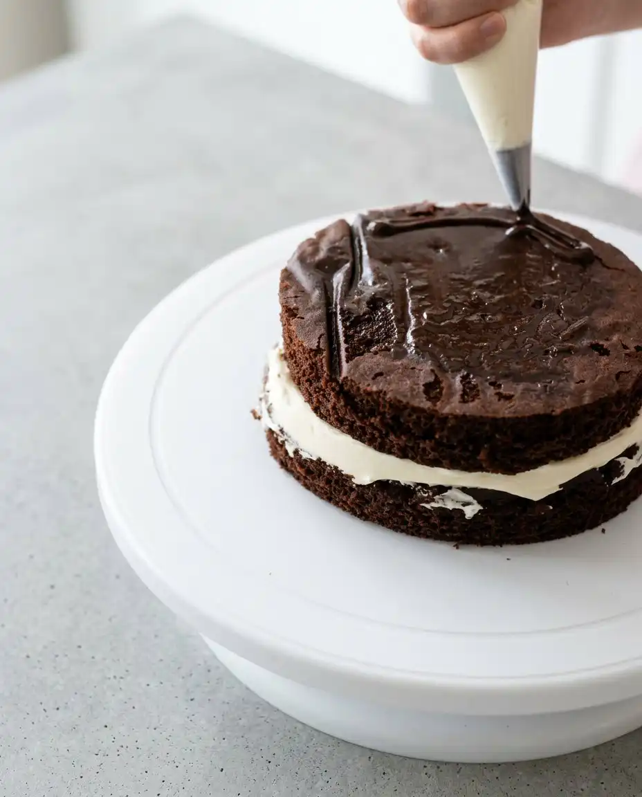 Chocolate Lunch Box Cake 15 Using an offset spatula to frost a miniature Chocolate Lunch Box Cake with vanilla buttercream