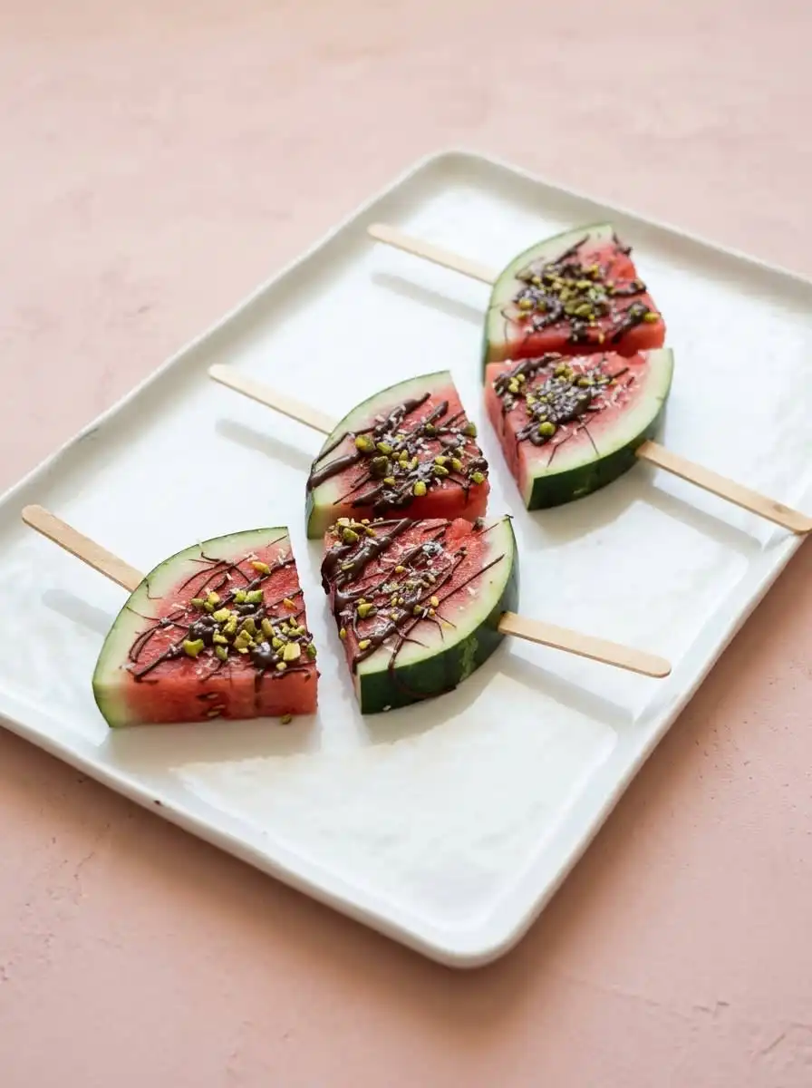 Frozen Watermelon Teething Pops 12 A tray of Frozen Watermelon Teething Pops laid in a neat geometric grid on parchment paper.