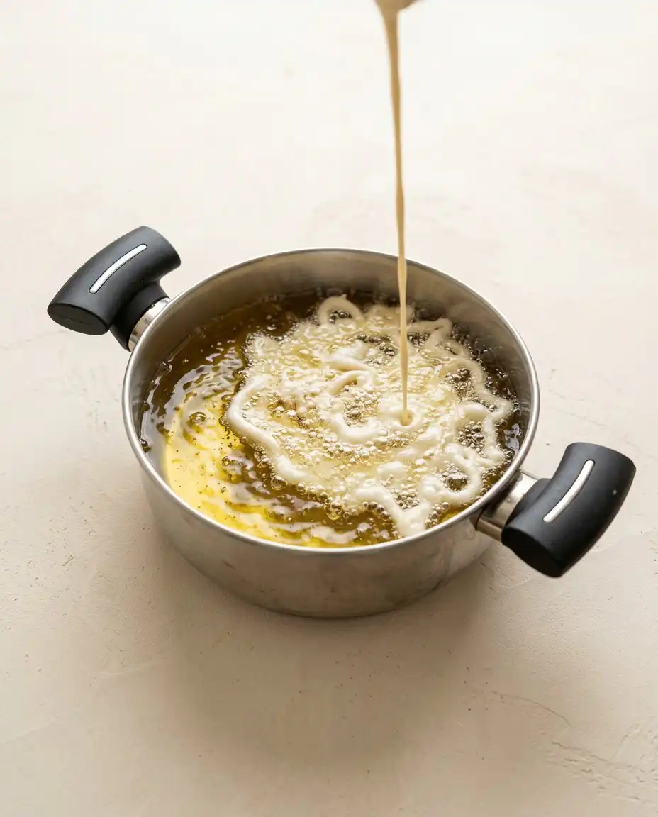 Frying a crispy 3-Ingredient Funnel Cake in a seasoned cast iron skillet with hot oil.
