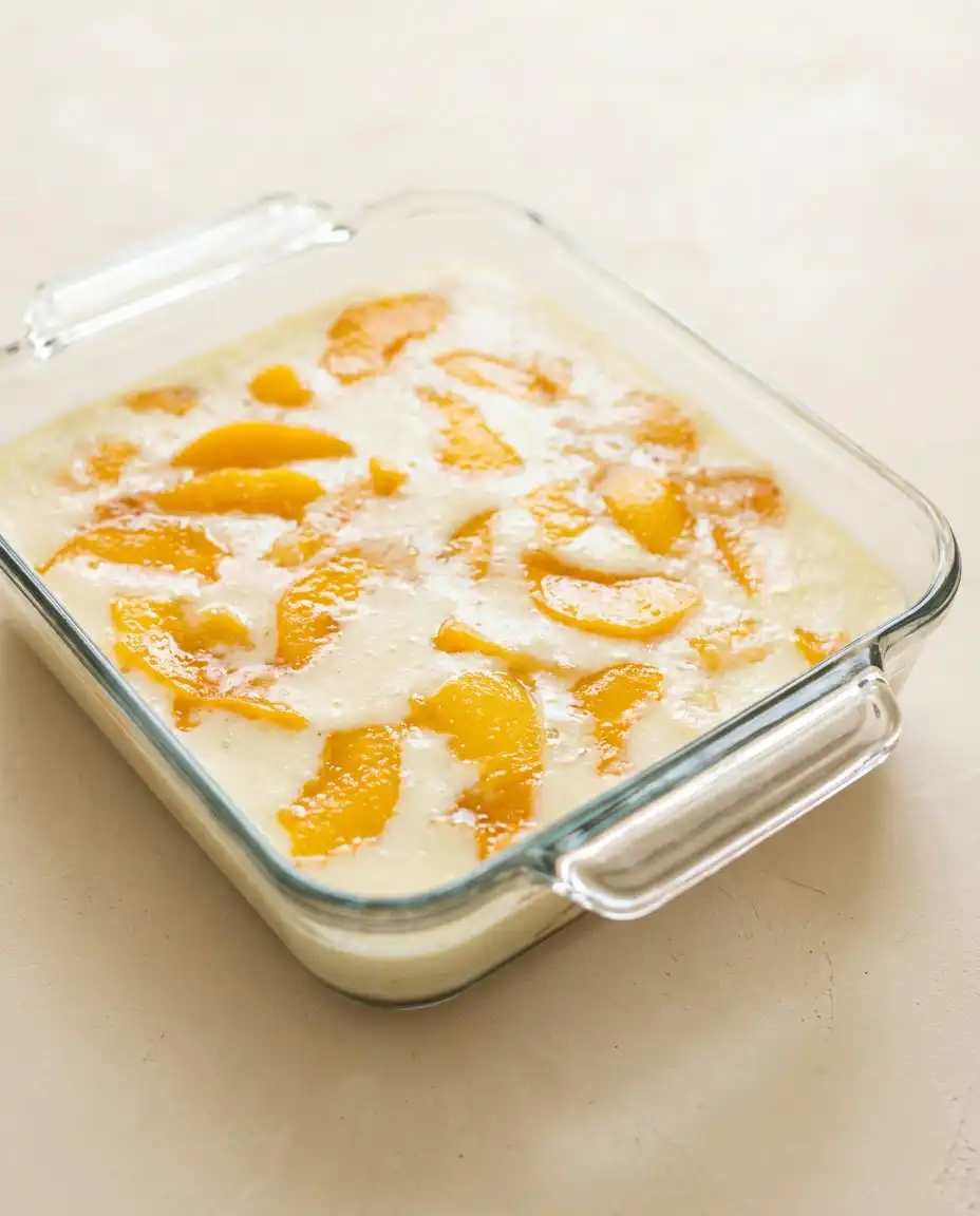 A close up view of the golden brown top of a peach dump cake with frozen peaches showing melted butter layers.