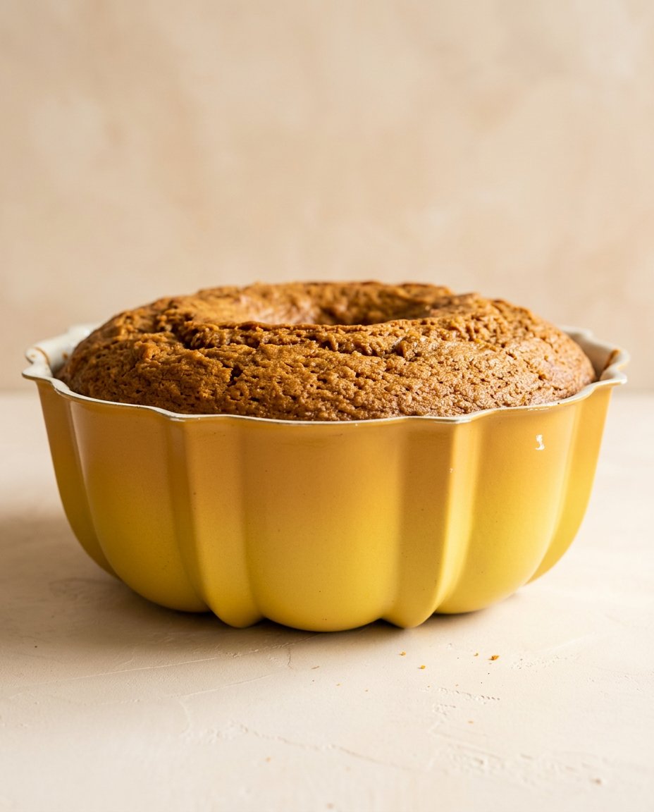 A perfectly baked Pumpkin Spice Bundt Cake cooling on a wire rack, showing off its clean ridges.