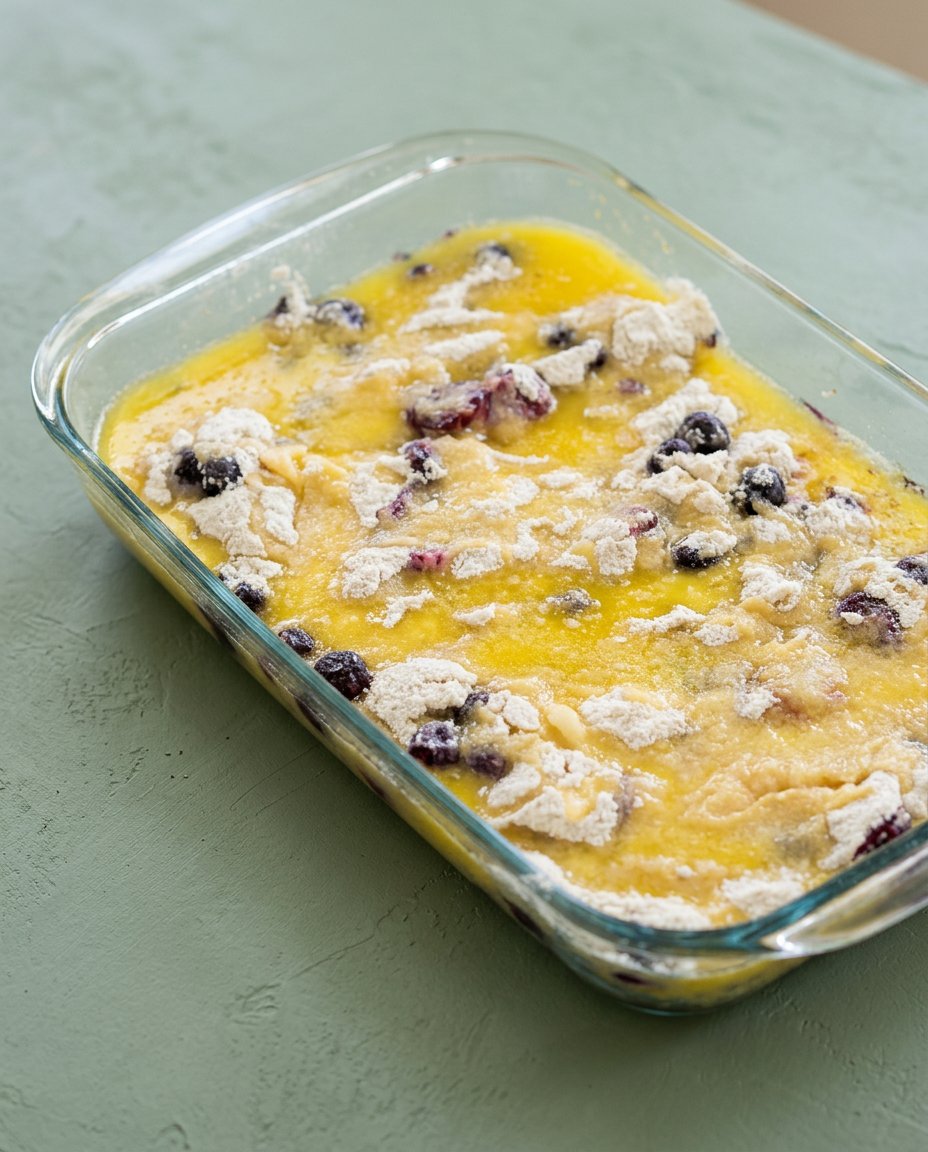 3-Ingredient Blueberry Dump Cake 15 Melted butter being drizzled over yellow cake mix for 3-Ingredient Blueberry Dump Cake.