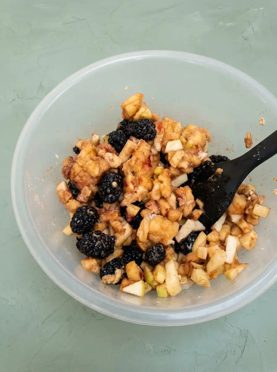 Grated cold butter distributed evenly over dry cake mix for a Blackberry Apple Dump Cake