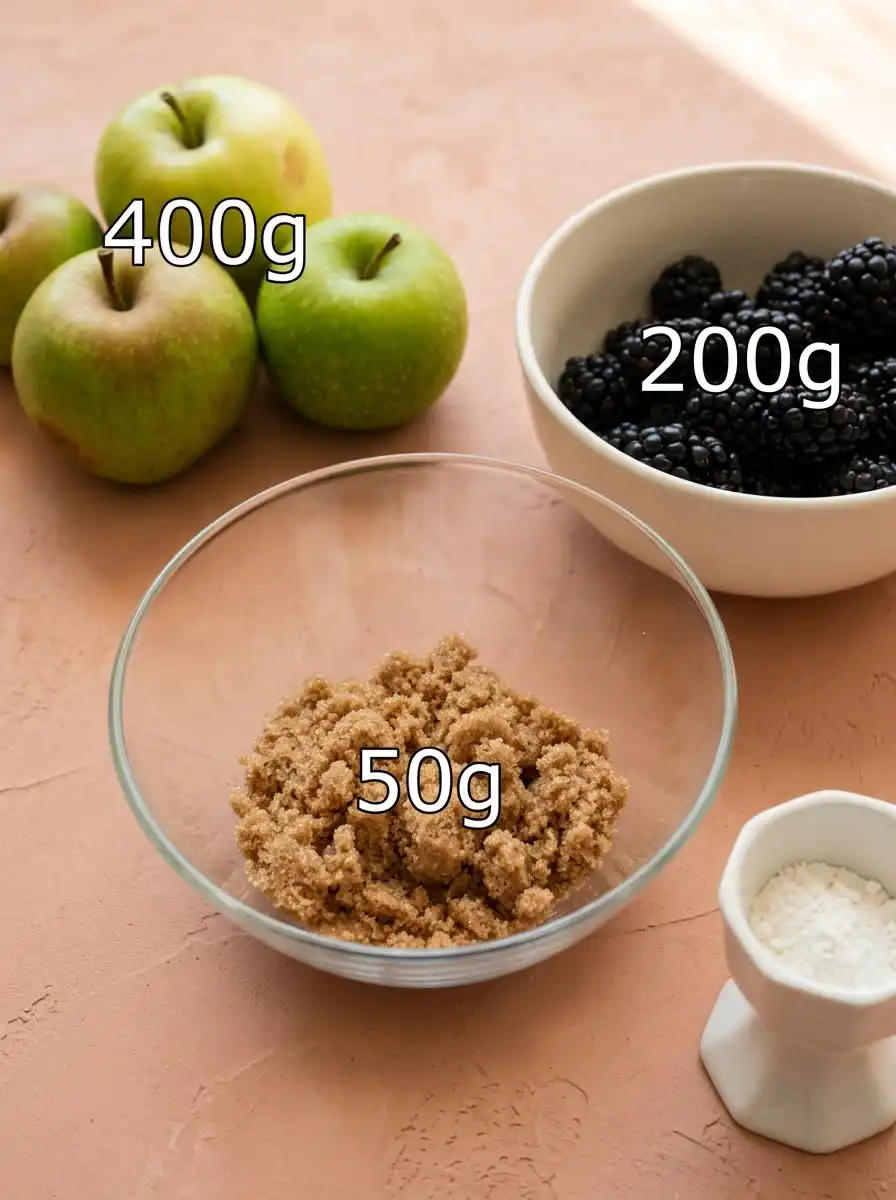 Fresh blackberries, sliced apples, and spices organized for a Blackberry Apple Dump Cake