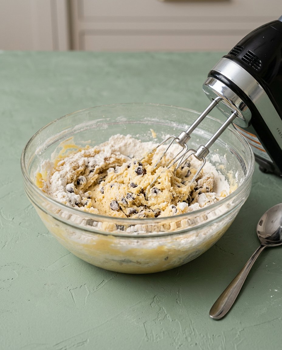 Gathered ingredients for the Brown Butter Chocolate Chip Cookie Cake, including flour, sugars, and chocolate chips.