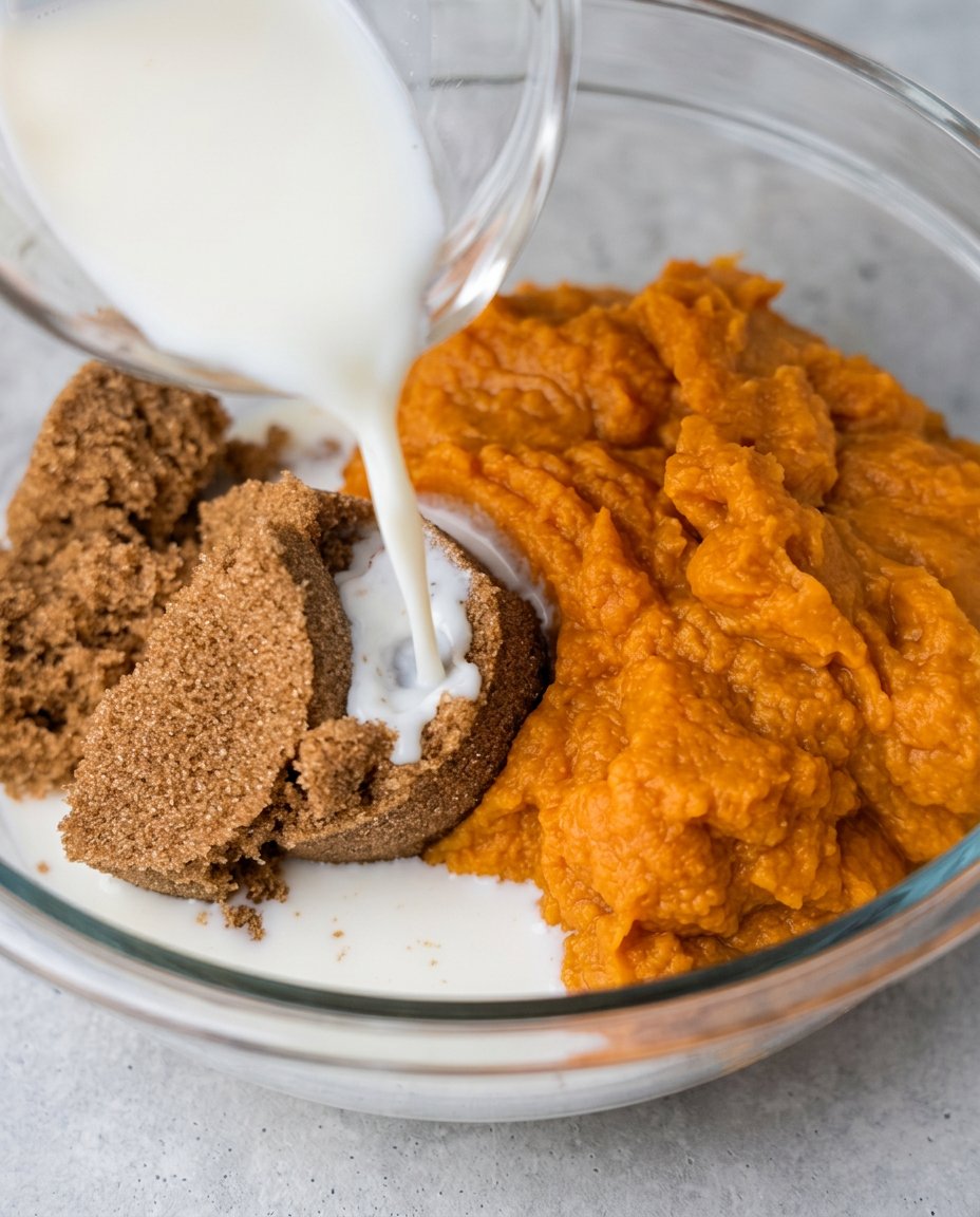 Mise en place of ingredients for making a Brown Butter Pumpkin Cake including canned pumpkin.