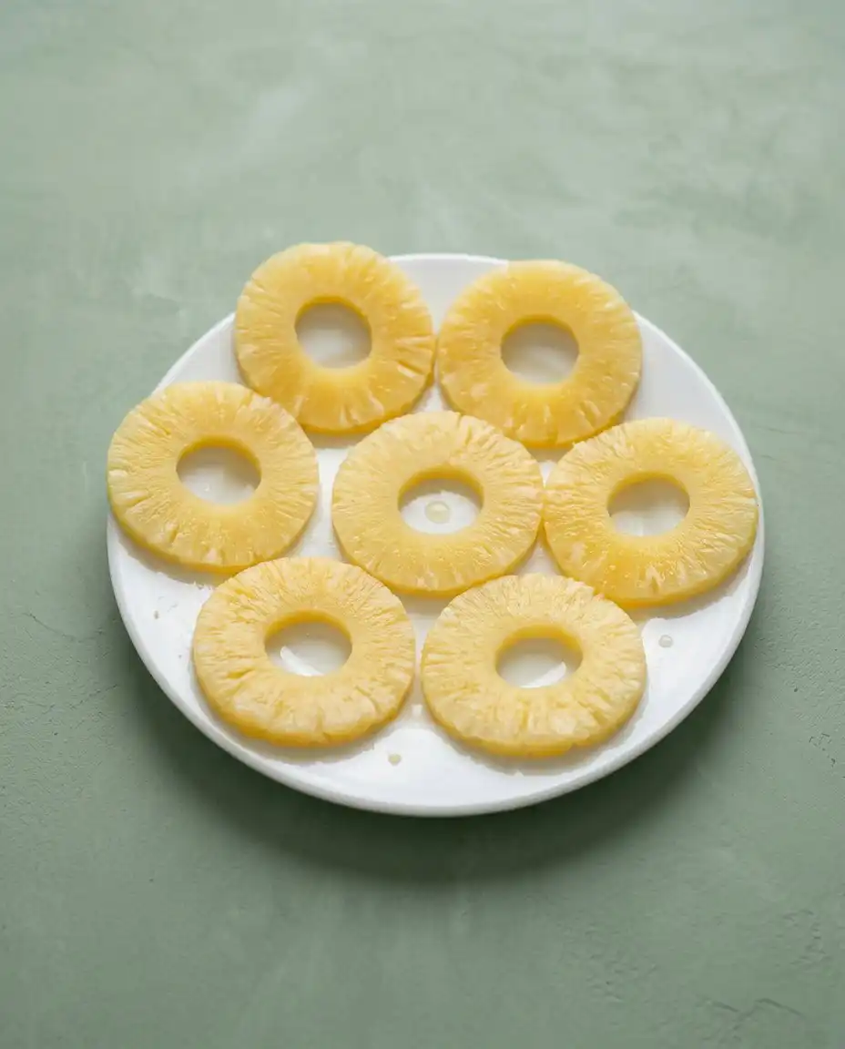 Classic Pineapple Upside Down Cake 14 An organized mise en place with key ingredients for a Classic Pineapple Upside Down Cake on a marble counter.