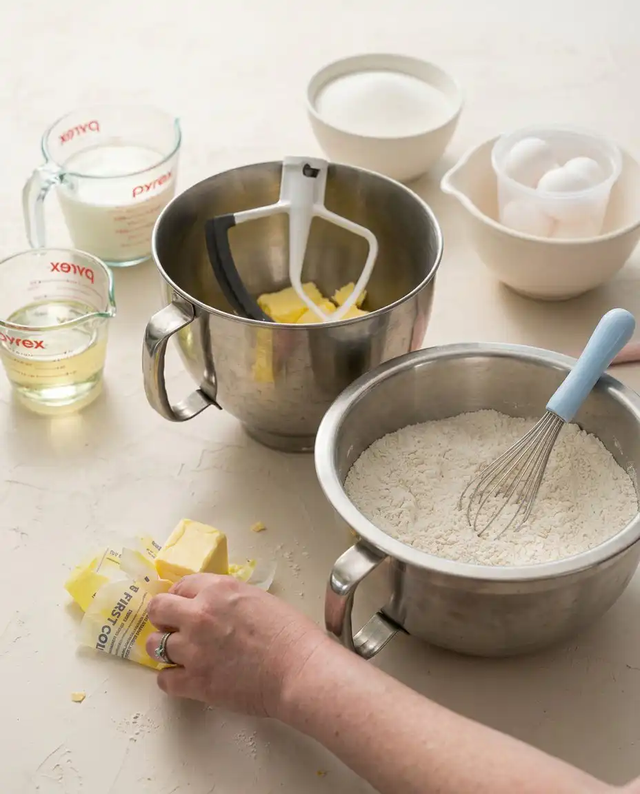 Simple baking ingredients for Classic Vanilla Layer Cake arranged on a rustic wooden table.