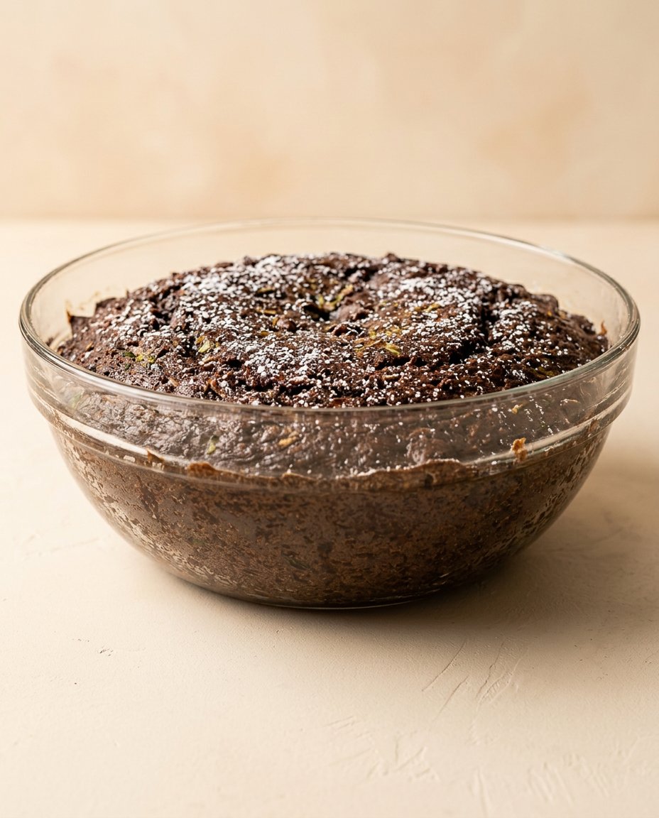 Grated zucchini, chocolate, butter, and dry ingredients arranged on a dark countertop for Double Chocolate Zucchini Cake.