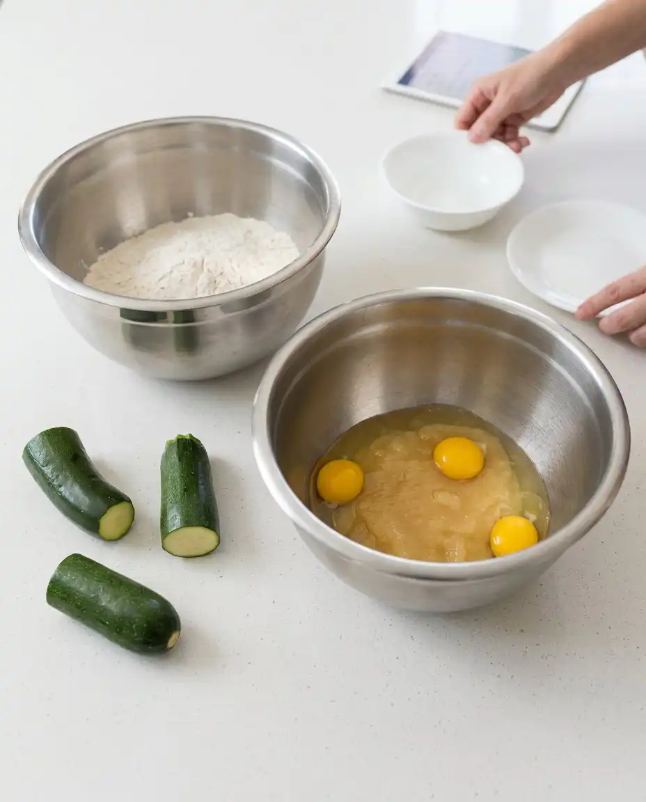 Measuring cups and bowls filled with ingredients for making a healthy chocolate zucchini cake.