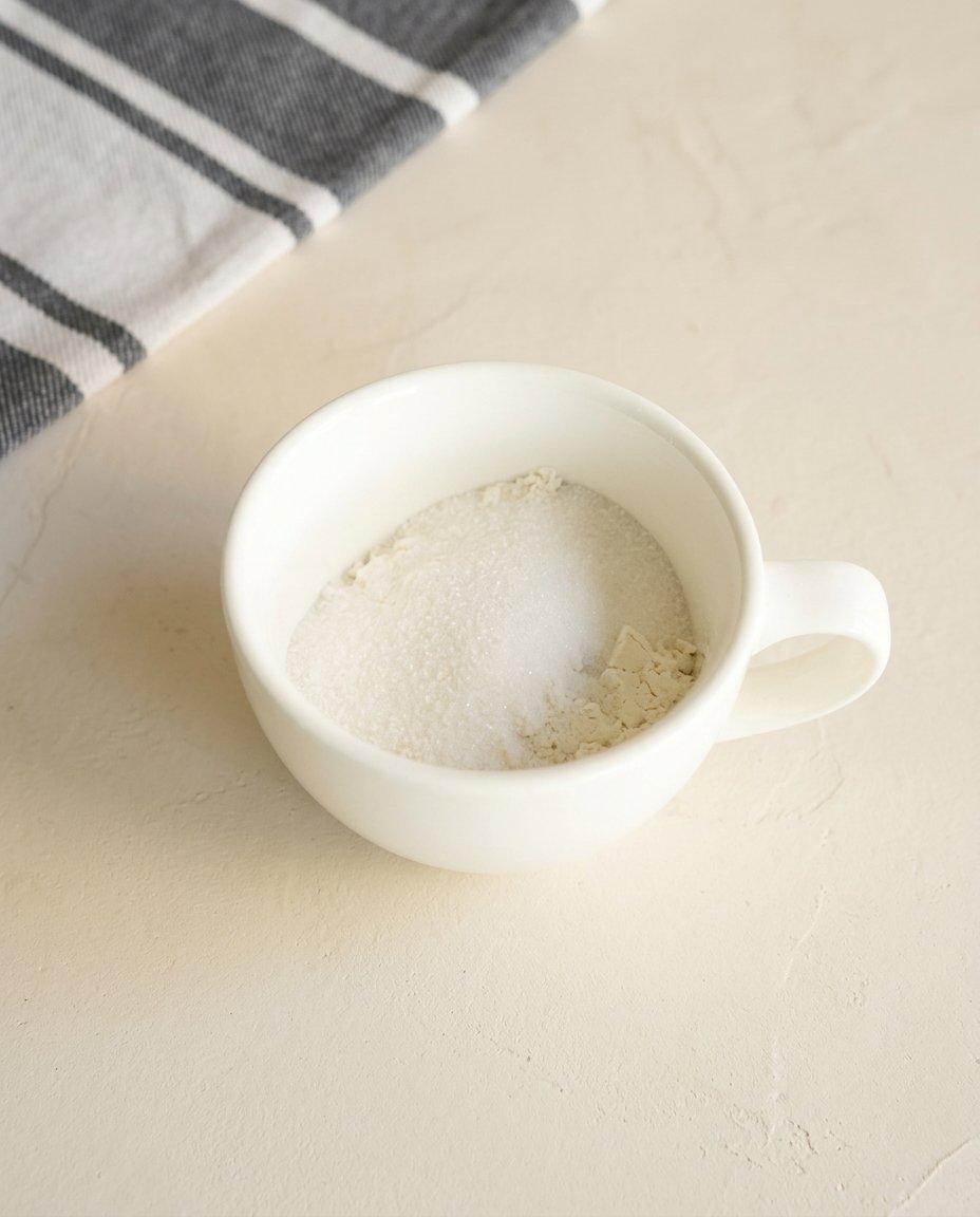 Lemon Mug Cake 14 Freshly squeezed lemon juice, flour, sugar, and butter arranged to prepare a Lemon Mug Cake.