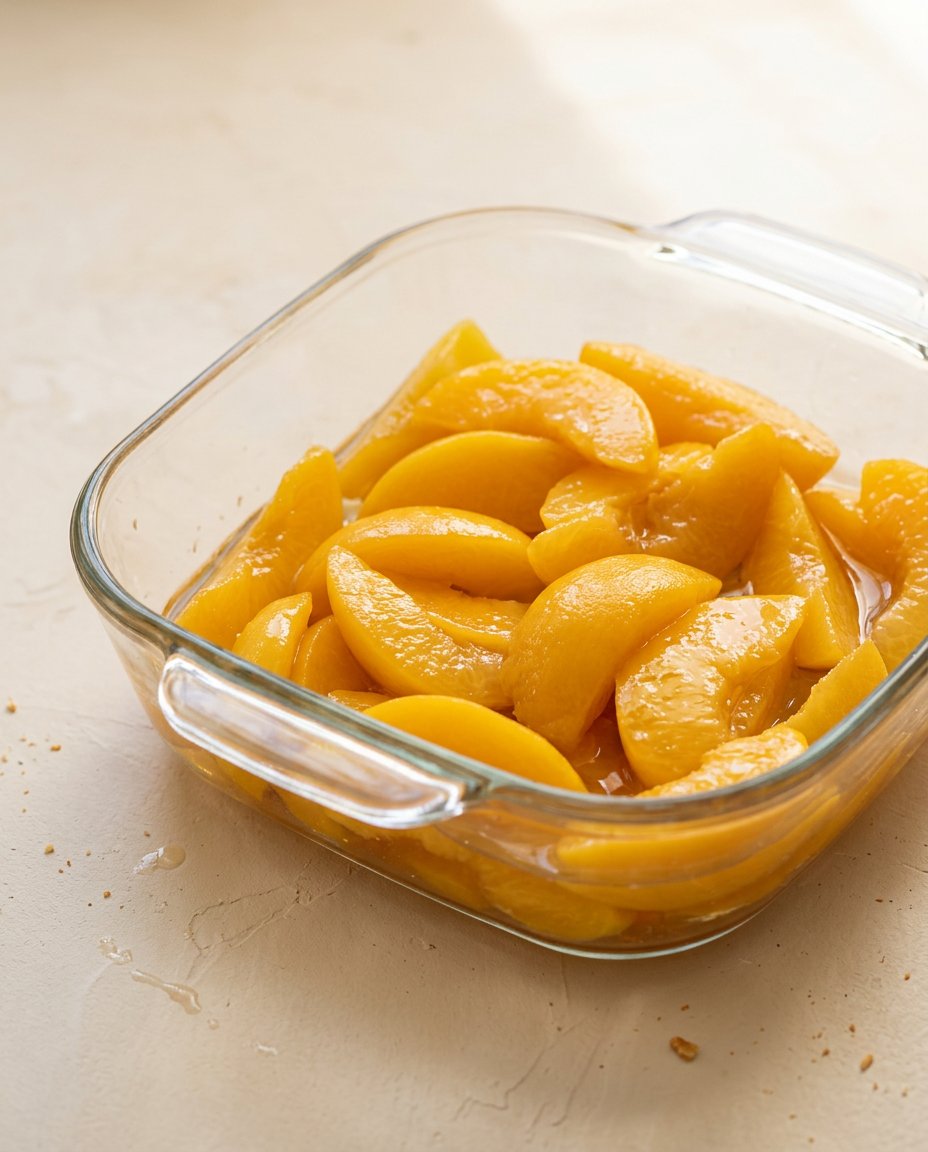 Ingredients table showing fresh peaches and old fashioned oats for a Peach Cobbler Sheet Cake
