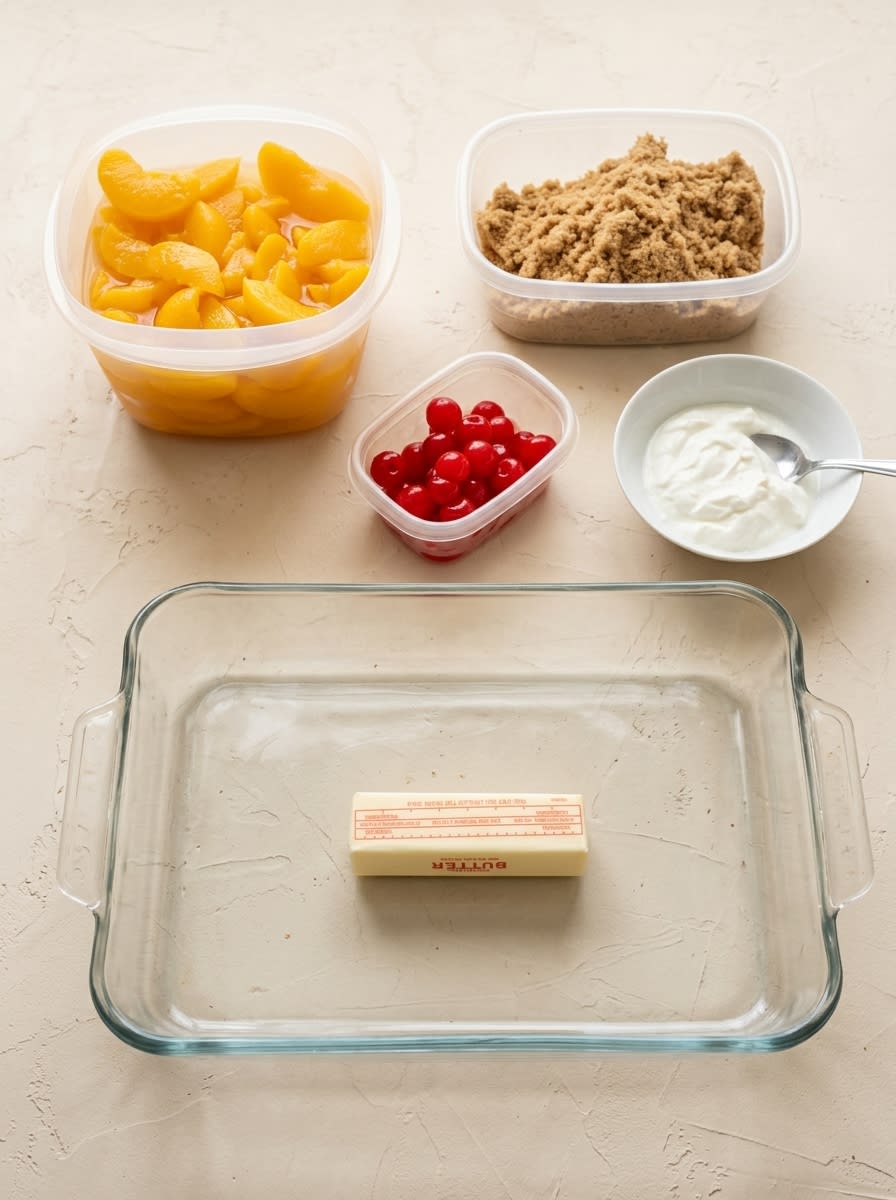 Sliced peaches white box cake mix butter and brown sugar arranged on wooden counter