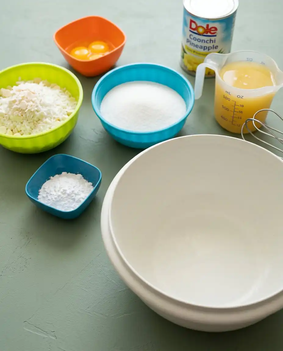 Ingredients for Pineapple Sheet Cake with Cream Cheese Frosting arranged on a kitchen counter.