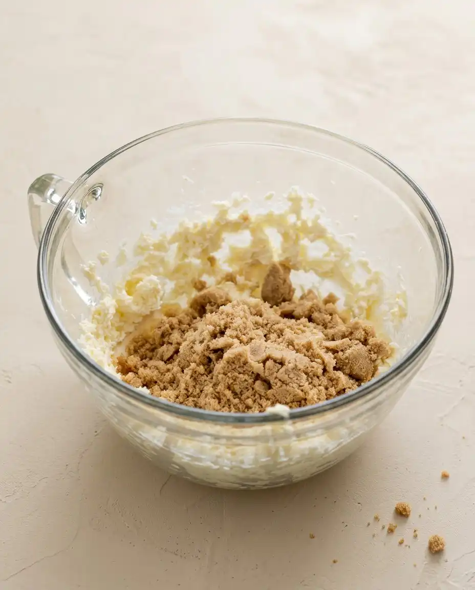 Glass mixing bowls filled with flour sugar butter and cream cheese on a wooden table.