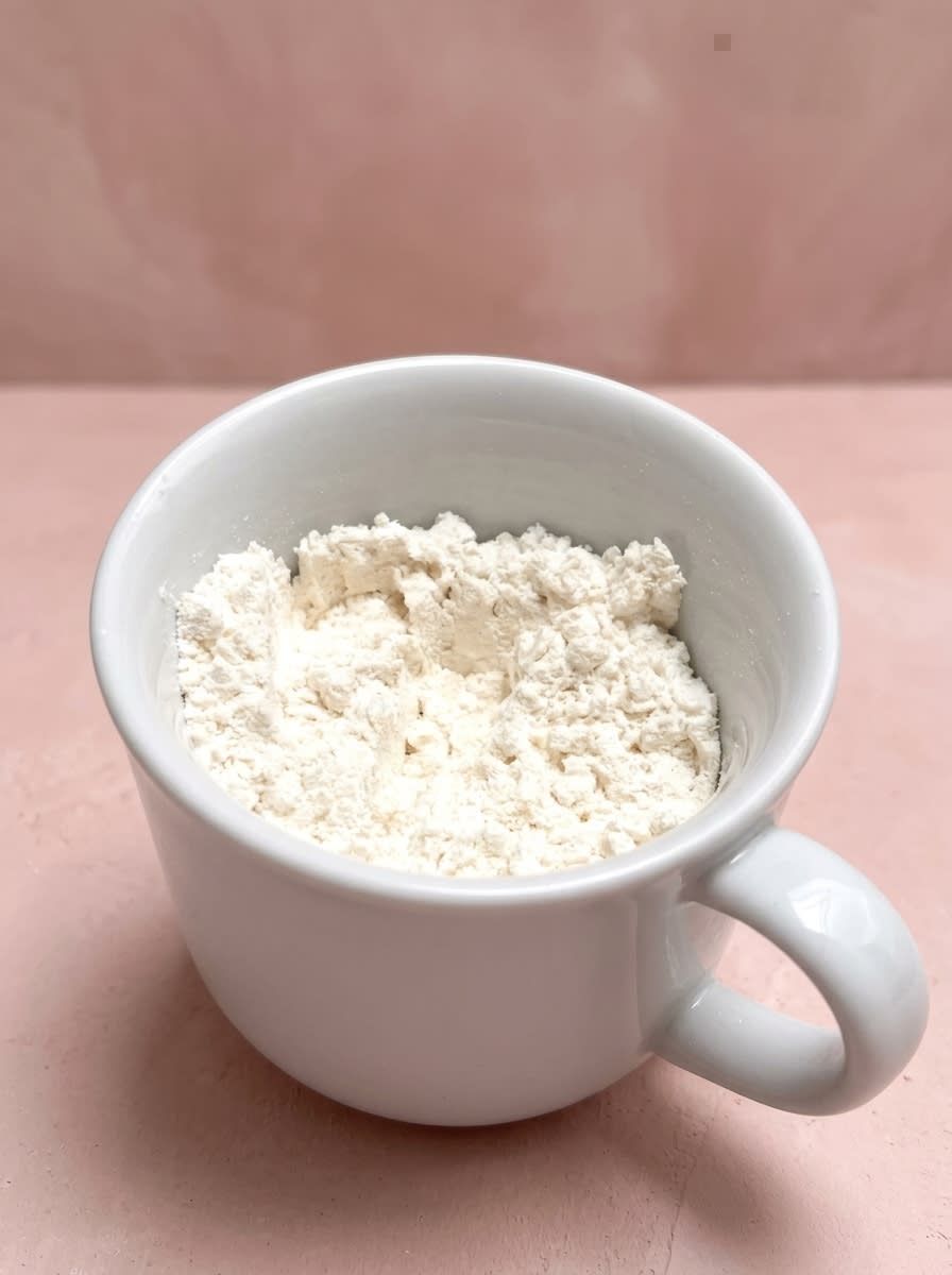 1-Minute Vanilla Mug Cake 14 Measuring cups with flour sugar and butter for making a 1-Minute Vanilla Mug Cake