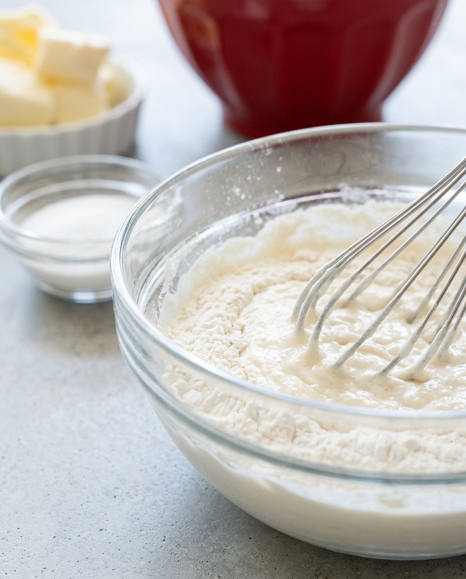 Sifted flour, fresh eggs, unsalted butter, and vanilla beans for Vanilla Pound Cake.