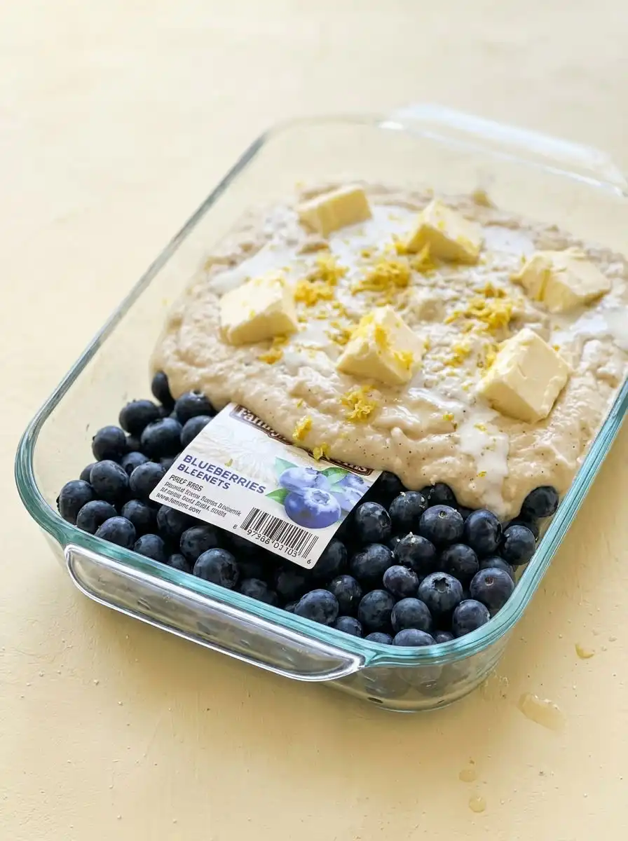 Ingredients for Blueberry Buttermilk Breakfast Cake arranged on a kitchen counter.