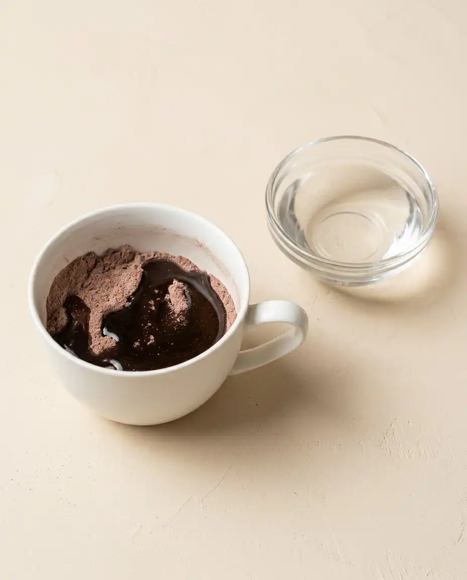 Nutella Mug Cake 15 A spoon of hazelnut spread being carefully lowered into the Nutella Mug Cake batter.