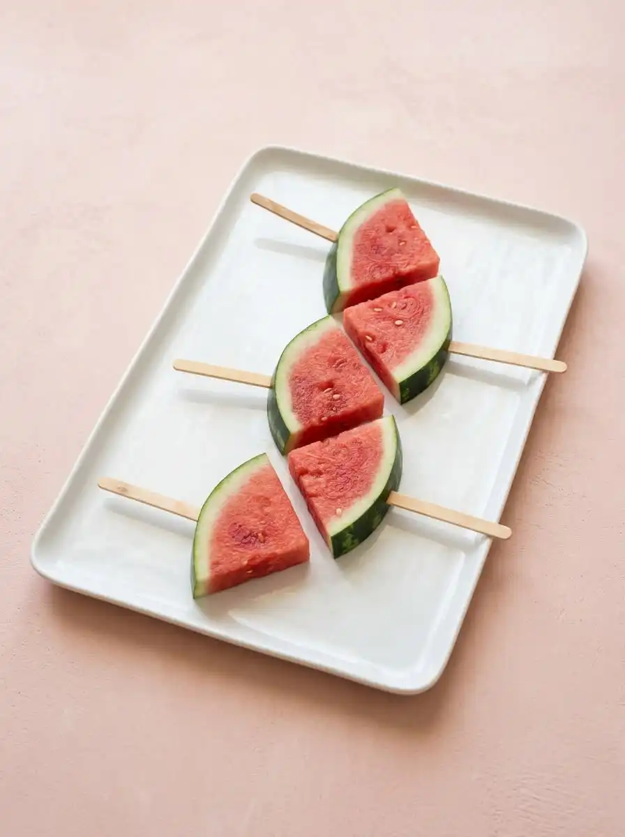 Frozen Watermelon Teething Pops 15 A hand carefully inserting a wooden stick into a thick rind for Frozen Watermelon Teething Pops.