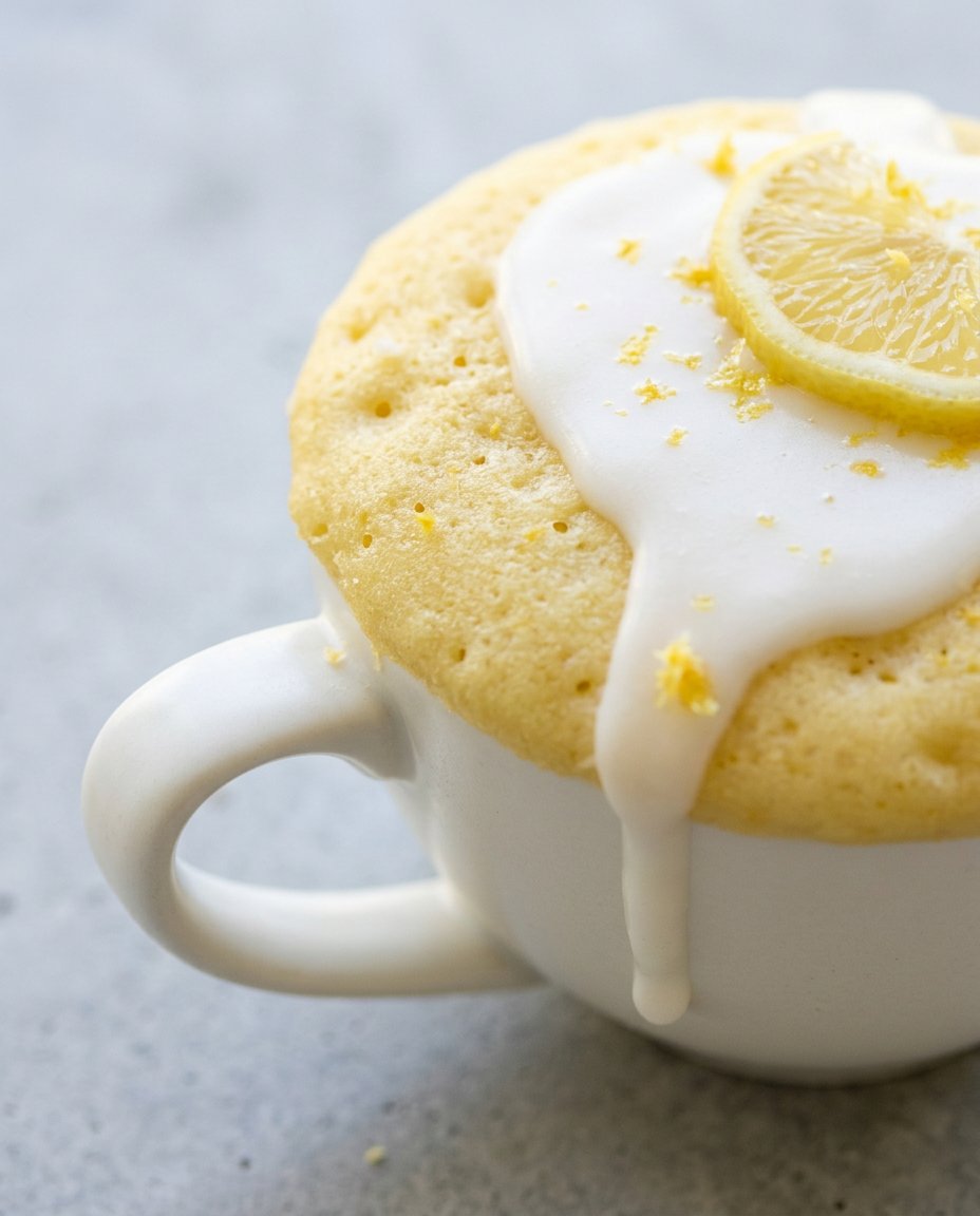 Lemon Mug Cake 12 A golden yellow Lemon Mug Cake cooked in a white ceramic mug, showing a soft steam rising.