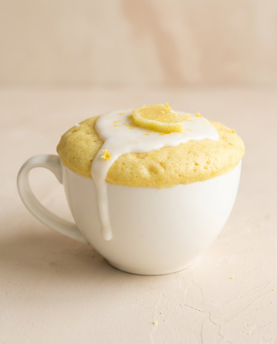 Lemon Mug Cake 16 A warm Lemon Mug Cake turned out onto a plate beside a cold scoop of vanilla ice cream.