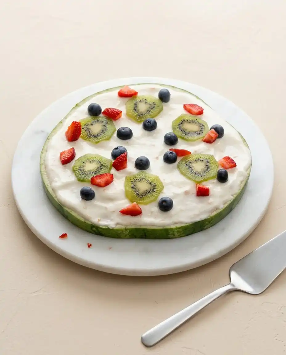 Watermelon Pizza Cake 12 A step by step preparation of a healthy Watermelon Pizza Cake on a dark stone board.