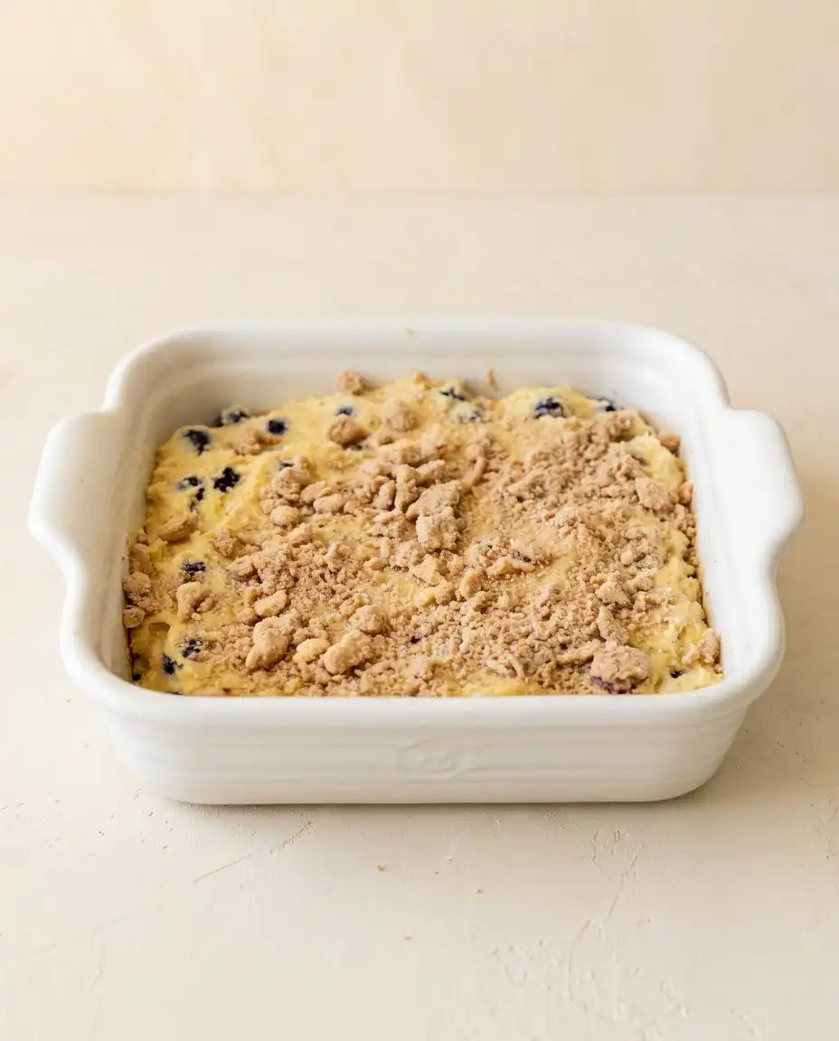 Classic Blueberry Coffee Cake 15 Close up of cold butter being pinched into flour to create the streusel for a Classic Blueberry Coffee Cake.