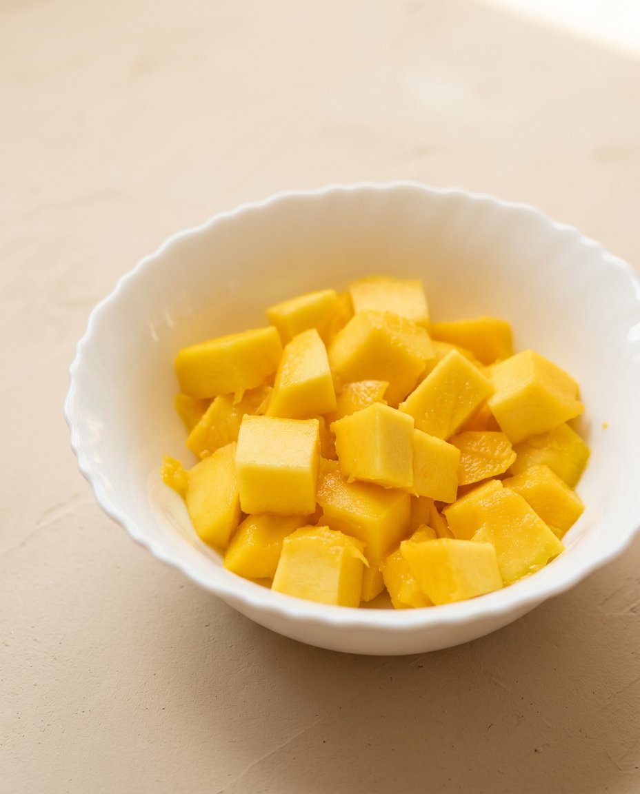 Mise en place for Mango Fresh Fruit Topped Cake showing Kesar mangoes and tempered butter