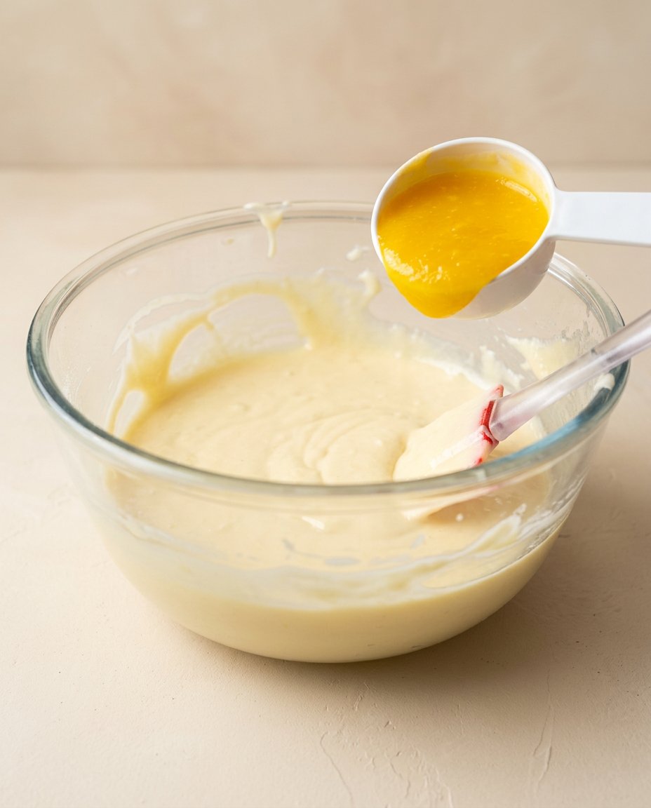 Evaluating the ribbon stage of the Mango Fresh Fruit Topped Cake batter in a mixing bowl