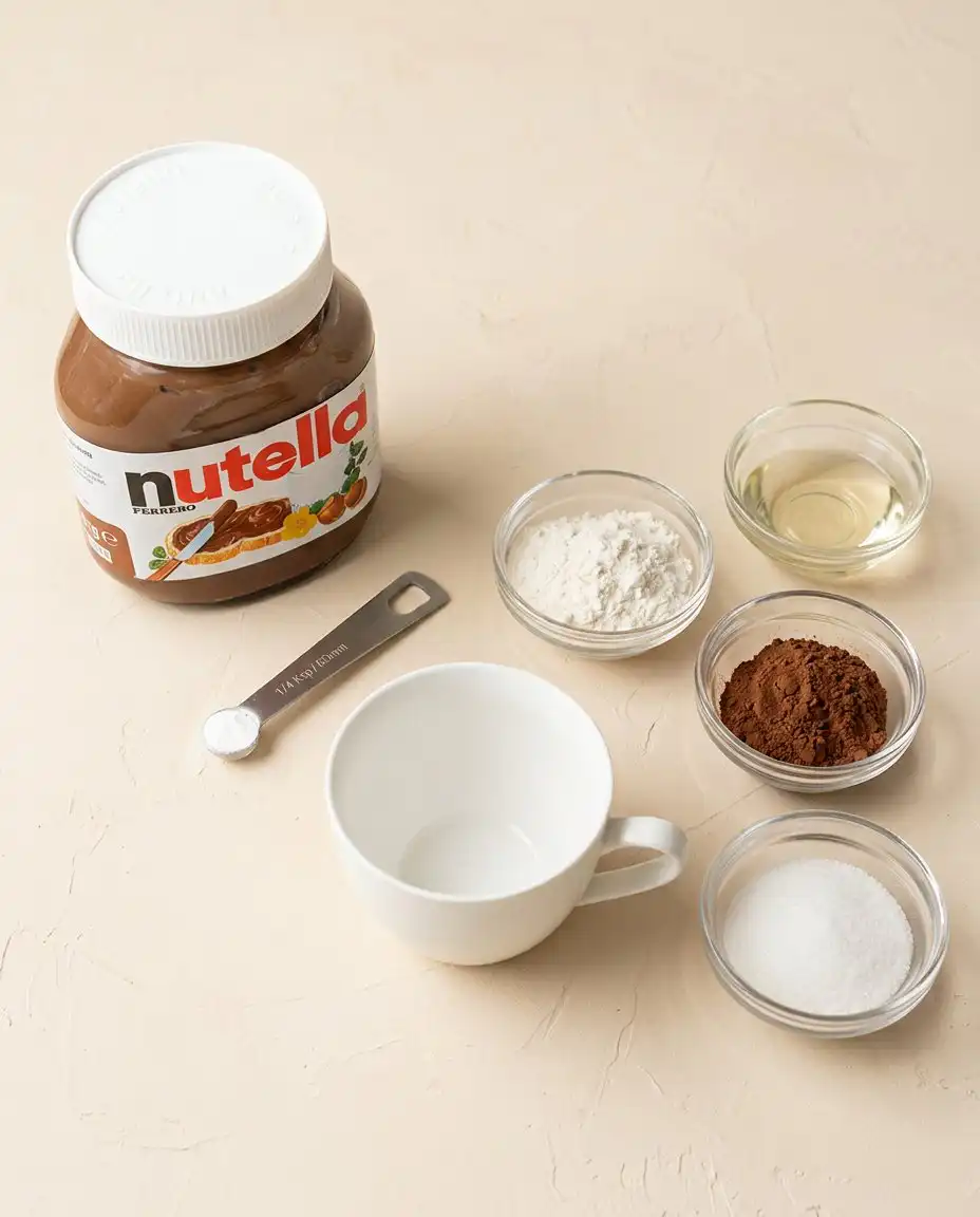 Nutella Mug Cake 14 Mise en place ingredients for a rich Nutella Mug Cake arranged on a marble worktop.