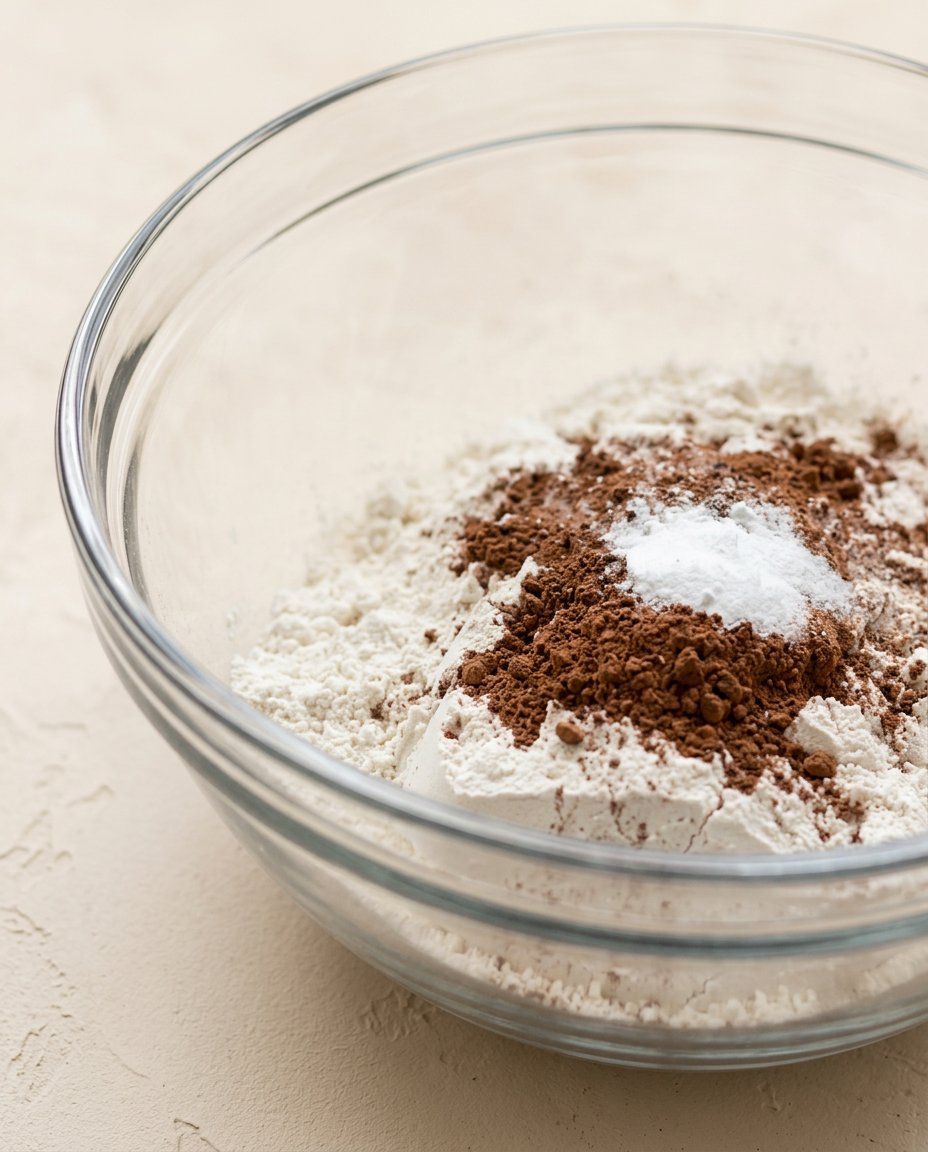 Mise en place bowls containing flour cocoa milk eggs and sugar for red velvet funnel cake