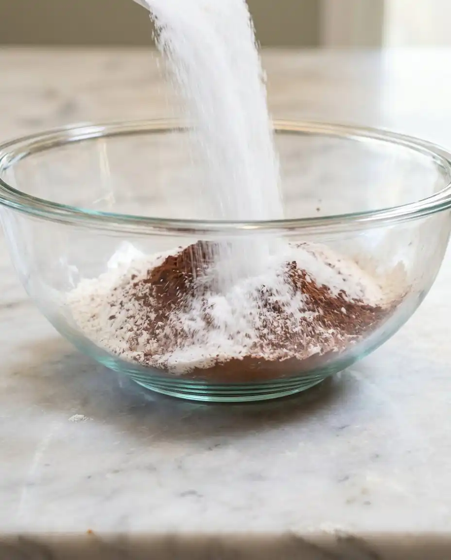 Vintage glass bowls holding ingredients for a red velvet layer cake on a wooden table