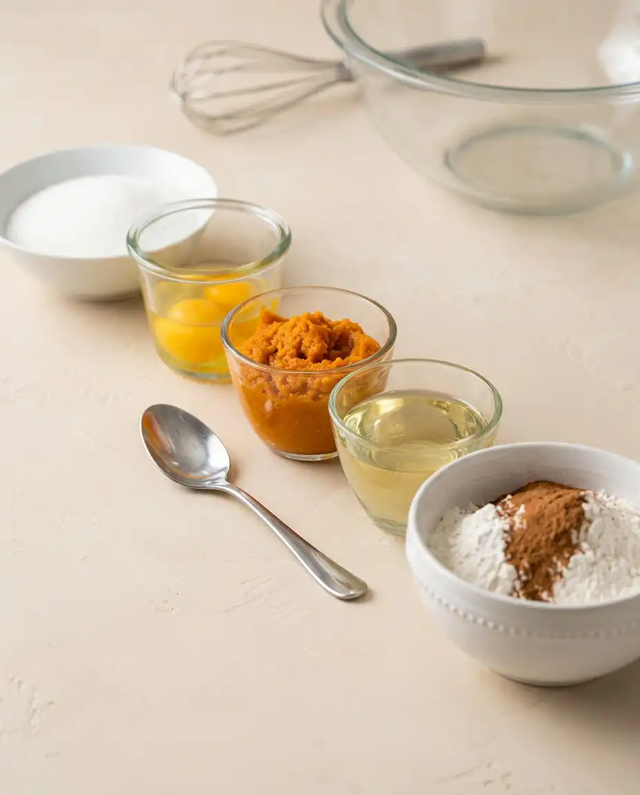 Pumpkin Streusel Coffee Cake 14 Ingredients for Pumpkin Streusel Coffee Cake including canned pumpkin puree, spices, and chopped pecans in glass bowls.