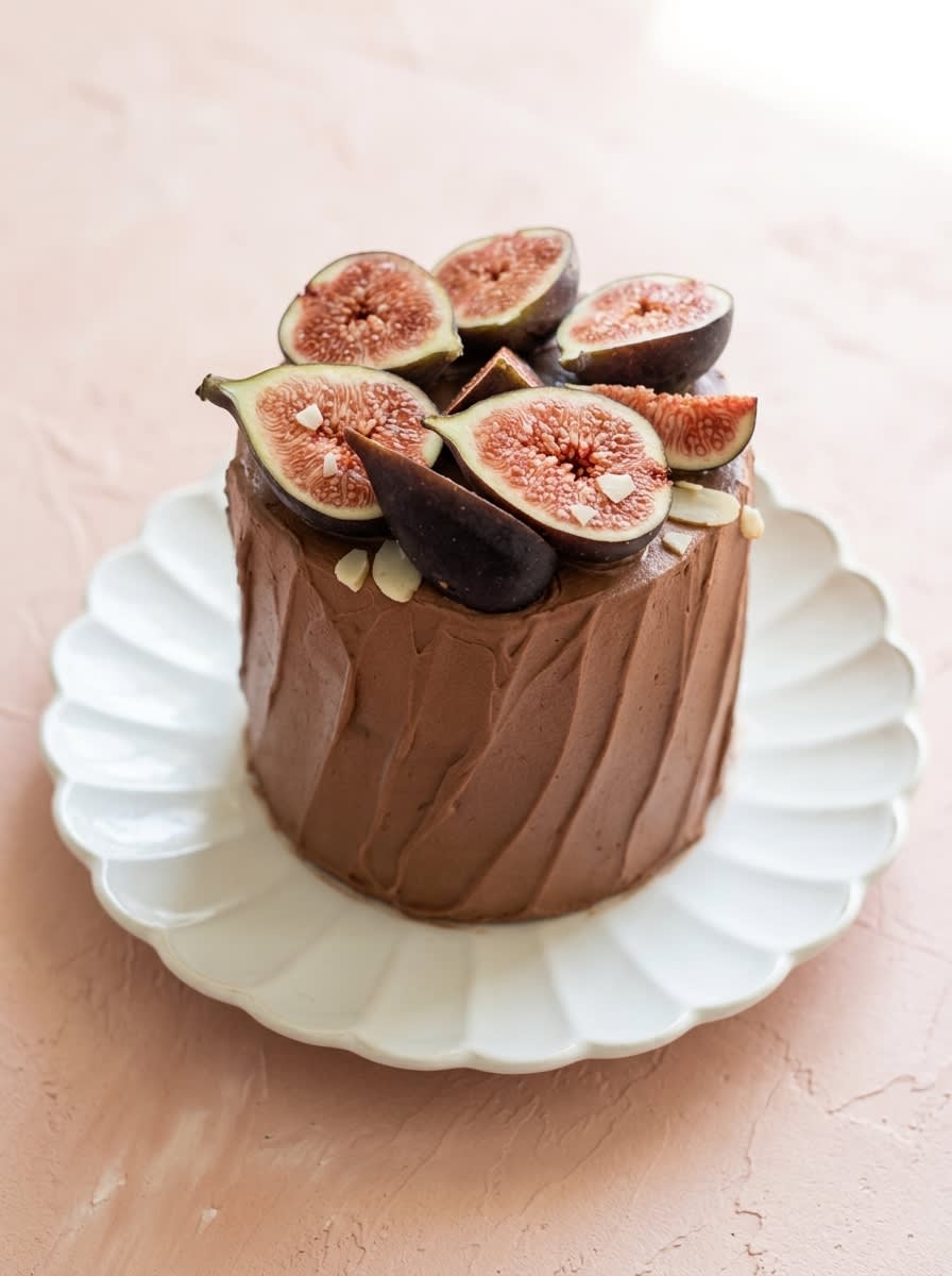 Mini Chocolate Layer Cakes 16 A cross-section cut of Mini Chocolate Layer Cakes plated with sliced fresh figs.