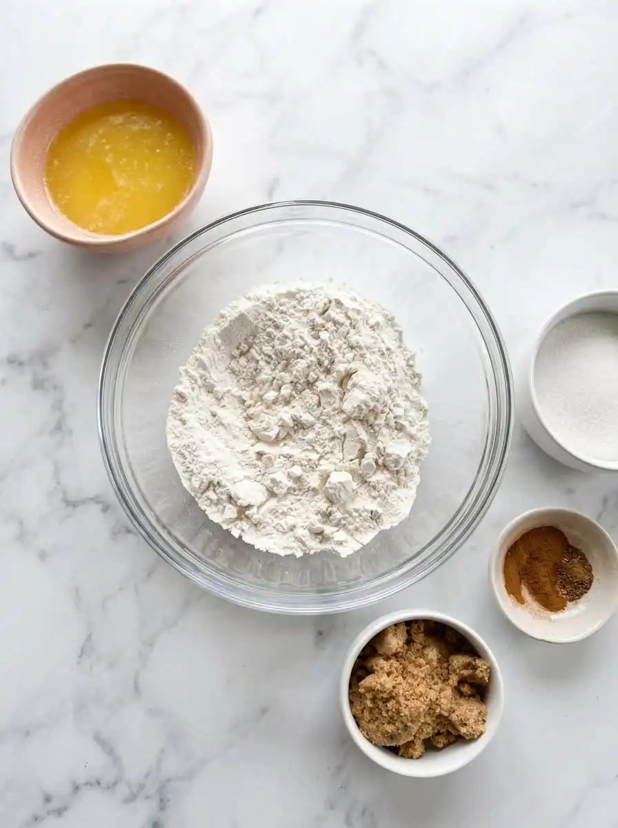 Accurately measured ingredients for Classic Coffee Cake Muffins arranged in small glass bowls.