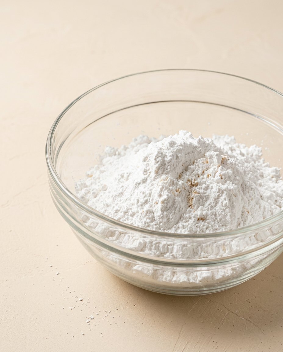The raw ingredients for Pumpkin Spice Bundt Cake arranged in glass bowls on a marble counter.