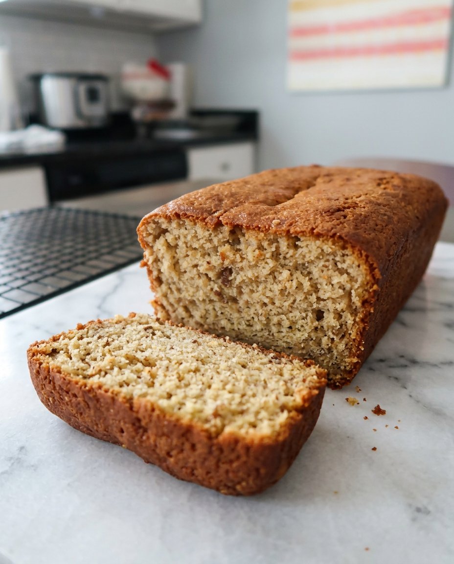 Cake Mix Banana Bread 12 A close-up shot of a sliced Cake Mix Banana Bread highlighting the moist yellow crumb